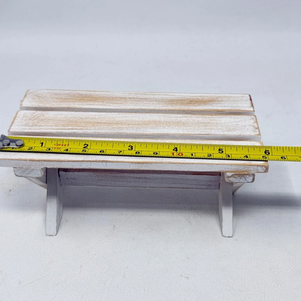 Anne Geddes Enesco Miniature Picnic Table Bench Set White Wood Gingham Prop